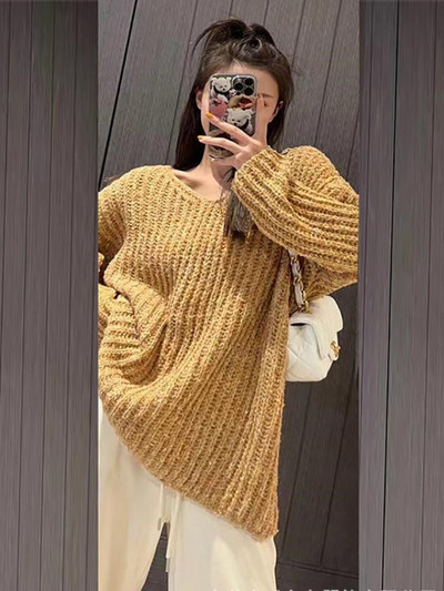 Μόδα Γυναικεία Πουλόβερ Φθινόπωρο Χειμώνας 2023 Νέα με λαιμόκοψη με μασίφ μακρυμάνικο μπλουζάκι LOOSE Vintage πλεκτά Γυναικεία ρούχα Casual Jumpers