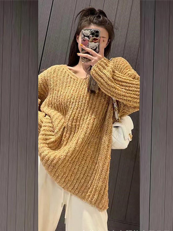 Μόδα Γυναικεία Πουλόβερ Φθινόπωρο Χειμώνας 2023 Νέα με λαιμόκοψη με μασίφ μακρυμάνικο μπλουζάκι LOOSE Vintage πλεκτά Γυναικεία ρούχα Casual Jumpers