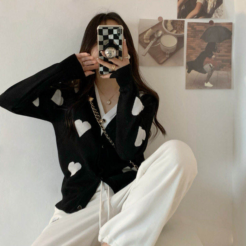 Φθινοπωρινές νέες ψεύτικες ζακέτες δύο τεμαχίων Γυναικείες γλυκές ρετρό καρδιά-διακόσμηση νεανικά πλεκτά ρούχα συνονθύλευμα Απλά πουλόβερ College Ins