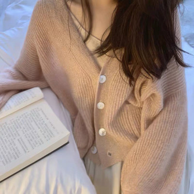 Ženski kardigan s V-izrezom Nježna, udobna, ženska, popularna, udobna, za slobodno vrijeme, jesen, zima, Novo u ponudi Jednobojna dnevna pletenina Ulzzang