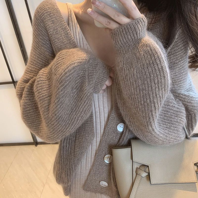 Ženski kardigan s V-izrezom Nježna, udobna, ženska, popularna, udobna, za slobodno vrijeme, jesen, zima, Novo u ponudi Jednobojna dnevna pletenina Ulzzang