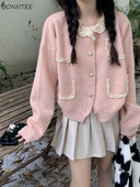 Γυναικεία ζακέτα πλέξιμο Άνετη δαντέλα Γλυκιά μινιμαλιστική με λαιμόκοψη σε οριζόντιο μονόχρωμο ταιριαστό ταιριαστό Δημοφιλές αναψυχή Κορεατικό στυλ Γυναίκα Νέο Φθινόπωρο