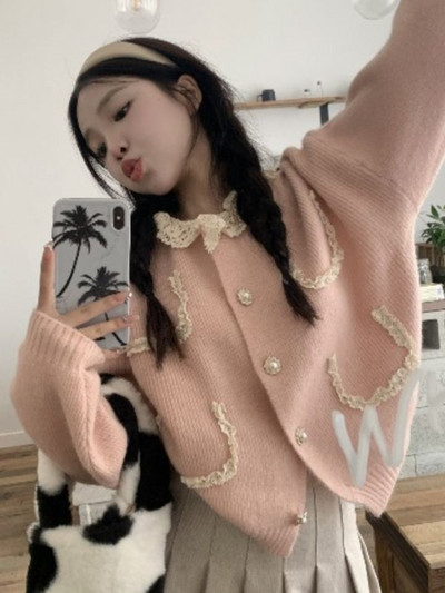 Γυναικεία ζακέτα πλέξιμο Άνετη δαντέλα Γλυκιά μινιμαλιστική με λαιμόκοψη σε οριζόντιο μονόχρωμο ταιριαστό ταιριαστό Δημοφιλές αναψυχή Κορεατικό στυλ Γυναίκα Νέο Φθινόπωρο