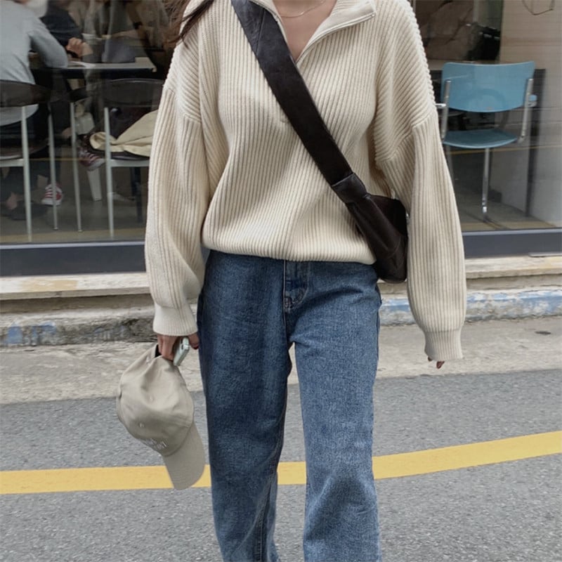 Modni ženski džemperi za različite kombinacije Thicken OL Jesenski široki puloveri Ležerni topli v-izrez Jednobojni džemperi od pletiva Topovi dugih rukava