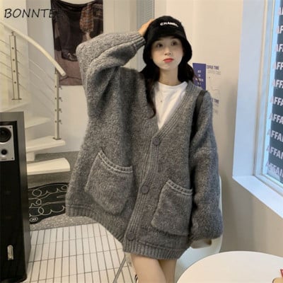 Cardigan Femei 3 culori Îngroșă Moda All-match Solid Coreean Elegant Streetwear Tricoturi Buzunare de bază Pulover cald pentru femei Nou