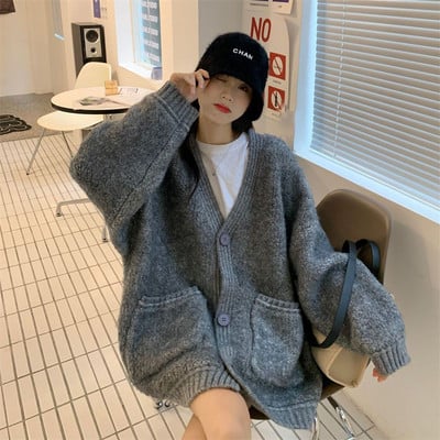 Ženski kardigan u 3 boje, deblja moda Jednobojna jednobojna korejska elegantna ulična odjeća od pletiva Osnovni džepovi Ženski topli džemper Novo