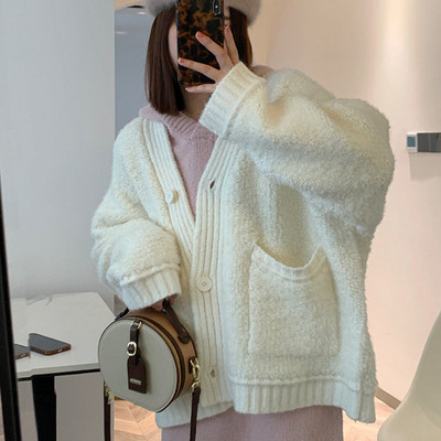 Ženski kardigan u 3 boje, deblja moda Jednobojna jednobojna korejska elegantna ulična odjeća od pletiva Osnovni džepovi Ženski topli džemper Novo