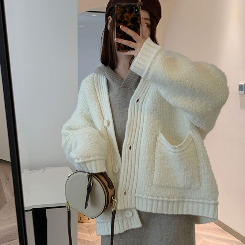 Ženski kardigan u 3 boje, deblja moda Jednobojna jednobojna korejska elegantna ulična odjeća od pletiva Osnovni džepovi Ženski topli džemper Novo