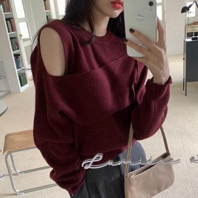 Γυναικείο πουλόβερ πουλόβερ σχεδίασης Kimotimo Φθινοπωρινό πουλόβερ με λαιμόκοψη με ανοιχτό ώμο Fake Two Top Κορεατικά κομψά μακρυμάνικα πλεκτά πουλόβερ