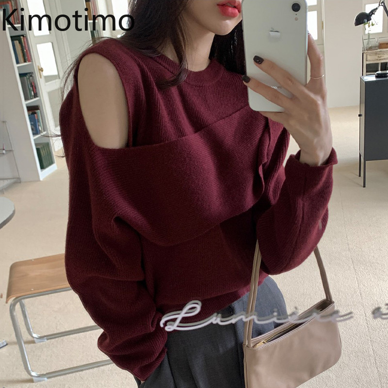 Γυναικείο πουλόβερ πουλόβερ σχεδίασης Kimotimo Φθινοπωρινό πουλόβερ με λαιμόκοψη με ανοιχτό ώμο Fake Two Top Κορεατικά κομψά μακρυμάνικα πλεκτά πουλόβερ