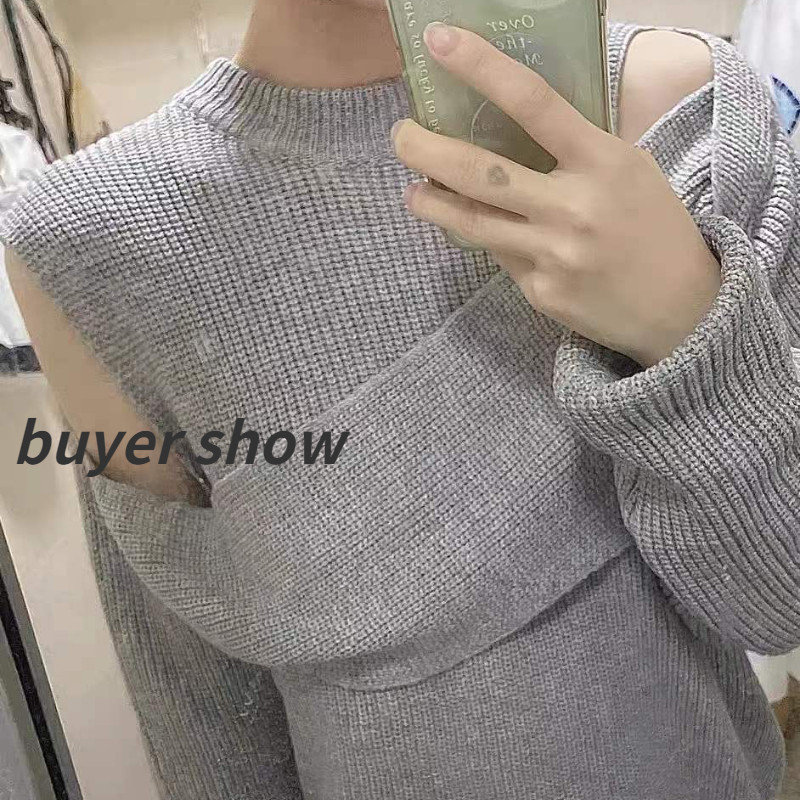 Γυναικείο πουλόβερ πουλόβερ σχεδίασης Kimotimo Φθινοπωρινό πουλόβερ με λαιμόκοψη με ανοιχτό ώμο Fake Two Top Κορεατικά κομψά μακρυμάνικα πλεκτά πουλόβερ