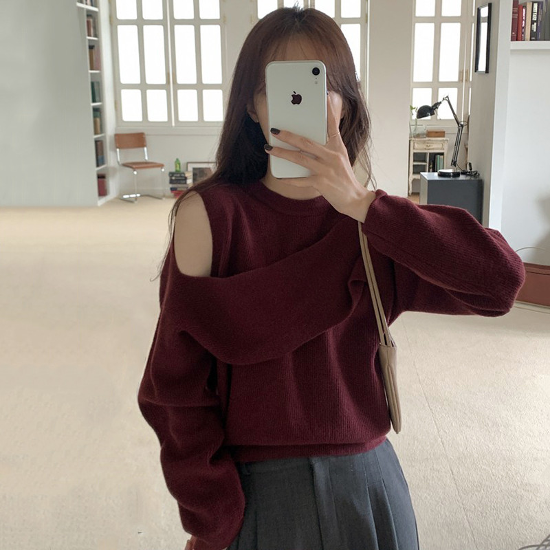 Γυναικείο πουλόβερ πουλόβερ σχεδίασης Kimotimo Φθινοπωρινό πουλόβερ με λαιμόκοψη με ανοιχτό ώμο Fake Two Top Κορεατικά κομψά μακρυμάνικα πλεκτά πουλόβερ