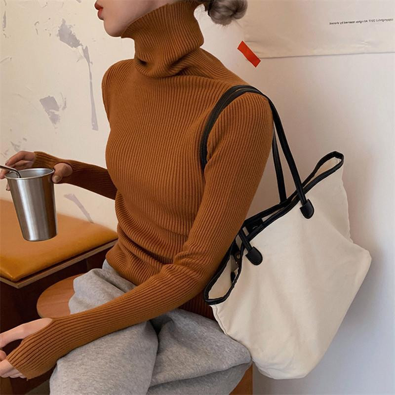 Ženski džemperi s velikim ovratnikom i dolčevitom Jesen Zima Tanki pulover Ženski osnovni gornji dijelovi Ležerni mekani pleteni pulover Mekani topli džemper