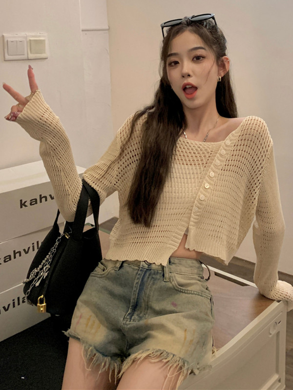 Ženski kardigan nepravilnog kroja, tanak, jednostavan, minimalistički, izdubljen, seksi mlada djevojka, korejski Ins, ljetna zaštita od sunca, prikladna