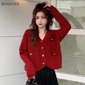 Ženski kardigan s džepovima Slatki ženski jesenski jednobojni trendi studentski nježni džemper s v-izrezom u korejskom stilu za sve kombinacije