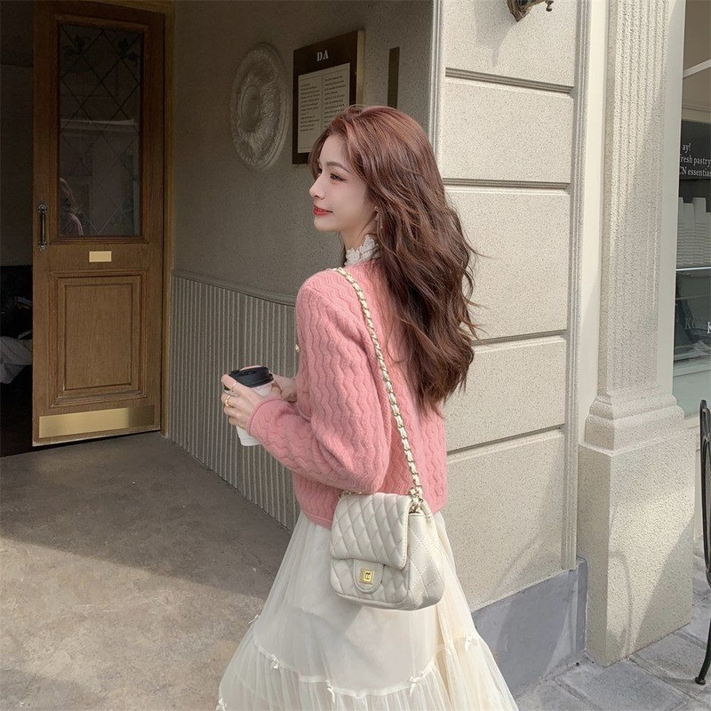 Ženski kardigan s džepovima Slatki ženski jesenski jednobojni trendi studentski nježni džemper s v-izrezom u korejskom stilu za sve kombinacije