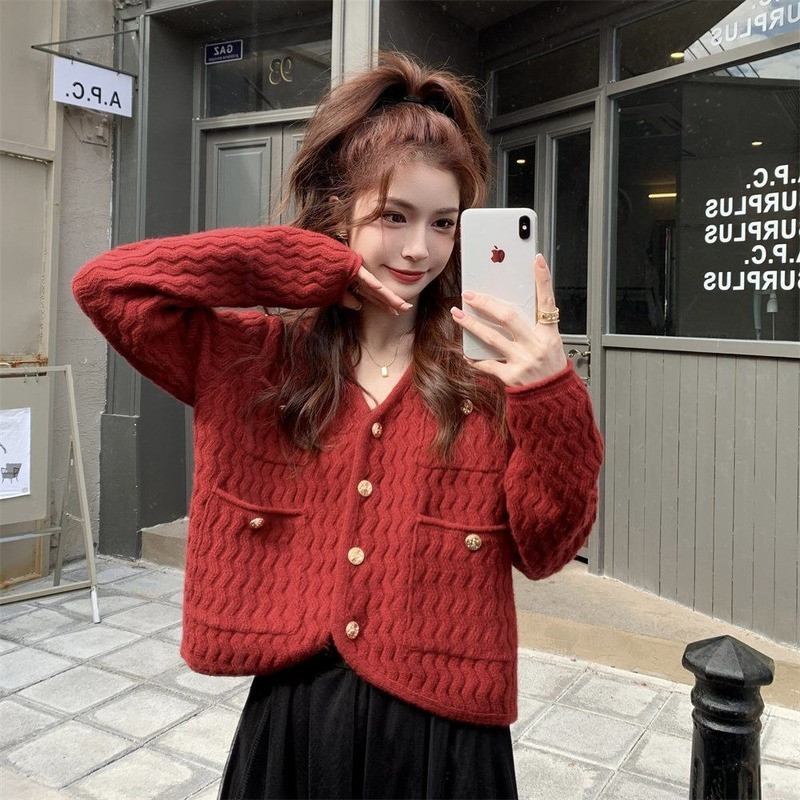 Ženski kardigan s džepovima Slatki ženski jesenski jednobojni trendi studentski nježni džemper s v-izrezom u korejskom stilu za sve kombinacije