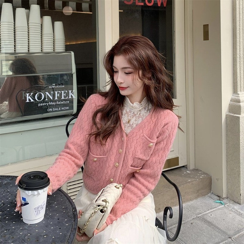 Ženski kardigan s džepovima Slatki ženski jesenski jednobojni trendi studentski nježni džemper s v-izrezom u korejskom stilu za sve kombinacije