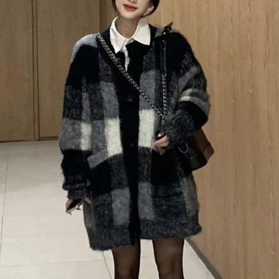 Pleteni kardigani Ženski modni šik korejski stil, topla ulična odjeća, karirana, sveobuhvatna jednostavna, labava, vintage damska veste Novi dolasci