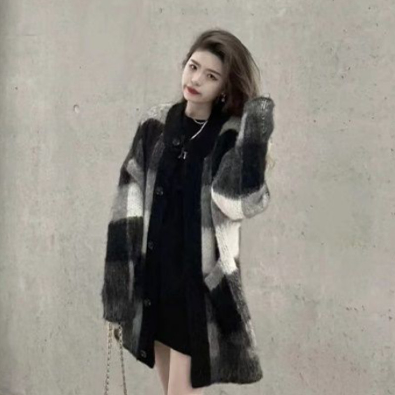 Pleteni kardigani Ženski modni šik korejski stil, topla ulična odjeća, karirana, sveobuhvatna jednostavna, labava, vintage damska veste Novi dolasci