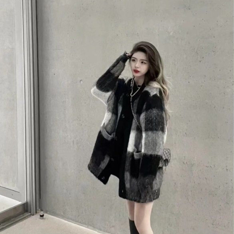 Pleteni kardigani Ženski modni šik korejski stil, topla ulična odjeća, karirana, sveobuhvatna jednostavna, labava, vintage damska veste Novi dolasci