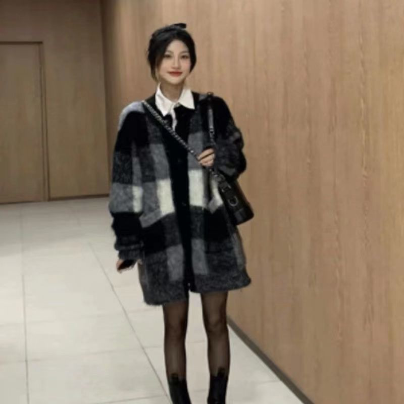 Pleteni kardigani Ženski modni šik korejski stil, topla ulična odjeća, karirana, sveobuhvatna jednostavna, labava, vintage damska veste Novi dolasci