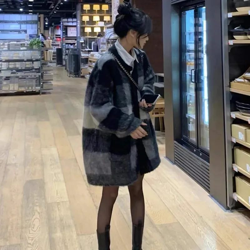 Pleteni kardigani Ženski modni šik korejski stil, topla ulična odjeća, karirana, sveobuhvatna jednostavna, labava, vintage damska veste Novi dolasci