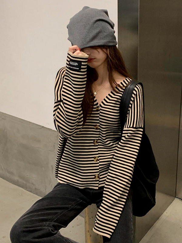 Ženski kardigan Basic prugasti minimalistički retro široki jesenski pulover u korejskom stilu s V-izrezom Modni ženski prikladni