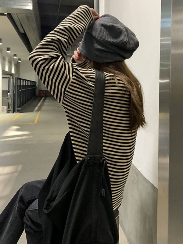 Ženski kardigan Basic prugasti minimalistički retro široki jesenski pulover u korejskom stilu s V-izrezom Modni ženski prikladni