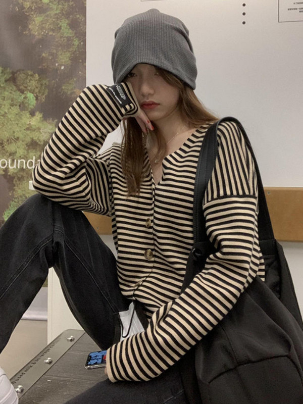 Ženski kardigan Basic prugasti minimalistički retro široki jesenski pulover u korejskom stilu s V-izrezom Modni ženski prikladni