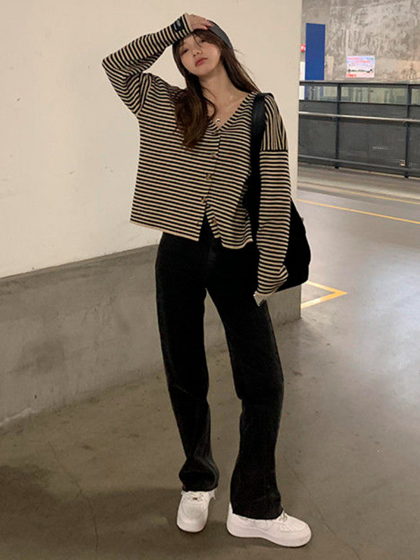 Ženski kardigan Basic prugasti minimalistički retro široki jesenski pulover u korejskom stilu s V-izrezom Modni ženski prikladni