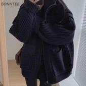 Jednobojni pleteni kardigani Ženske debele tople nove zimske starinske patentne zatvarače Jednostavne široke slobodno vrijeme Studenti Basic džemperi za sve kombinacije Trendy