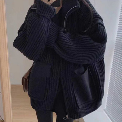 Jednobojni pleteni kardigani Ženske debele tople nove zimske starinske patentne zatvarače Jednostavne široke slobodno vrijeme Studenti Basic džemperi za sve kombinacije Trendy