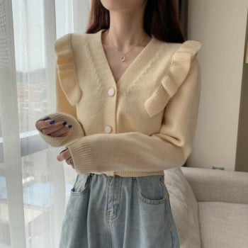 Cropped Cardigan Γυναικείο πλεκτό πουλόβερ με ρετρό V λαιμόκοψη Απλή φθινοπωρινή ιδιοσυγκρασία Γυναικεία γλυκά ρούχα Casual Νέα απαλή μόδα που ταιριάζουν