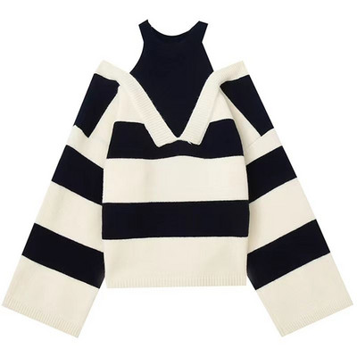 Dizainas „Halter“ megztiniai, moteriškas megztinis „Ulzzang“ netikras dviejų dalių dryžuotas mielas moksleivės, mielas krepšys Свитер Женский Švelnūs drabužiai