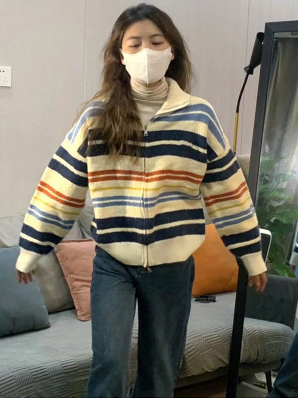 Naiste kardigan, vaba aja veetmine, lihtne triibuline, sobilik naiste elegantne ja armas jaapani stiilis sügisene kudumine loovus iga päev uus