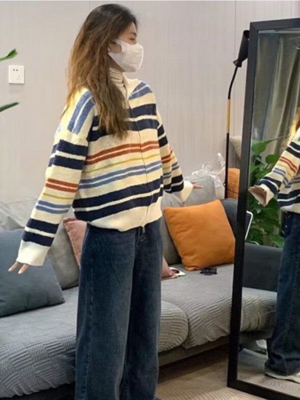 Naiste kardigan, vaba aja veetmine, lihtne triibuline, sobilik naiste elegantne ja armas jaapani stiilis sügisene kudumine loovus iga päev uus