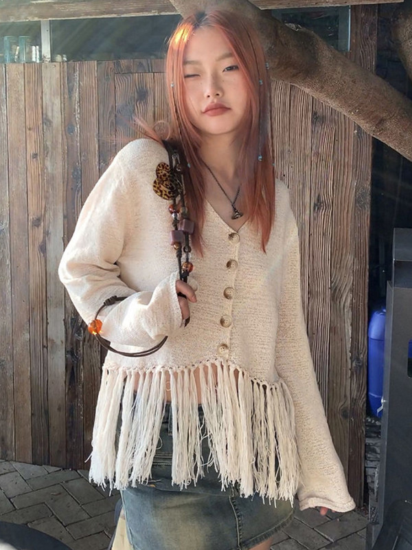 Kardigani za žene s kićankama Jednostavna za slobodno vrijeme Ulična odjeća Blagdanska jednobojna opuštena moda s V-izrezom Elegantan dizajn za sve koji odgovaraju Slatka Popularno Novo