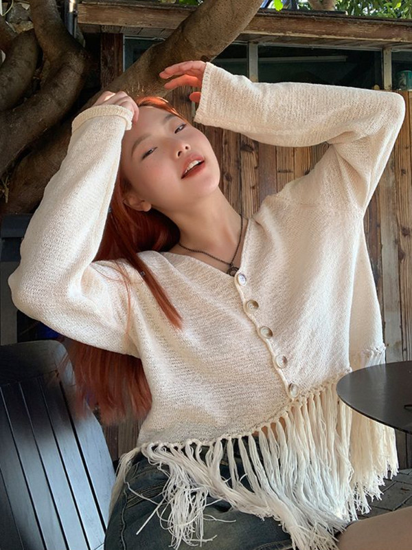 Kardigani za žene s kićankama Jednostavna za slobodno vrijeme Ulična odjeća Blagdanska jednobojna opuštena moda s V-izrezom Elegantan dizajn za sve koji odgovaraju Slatka Popularno Novo