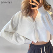 Cardigan femei stil coreean pur cu mâneci lanternă toamnă largi, minimalist, decolteu în V, confortabil, la un singur piept, modă noua