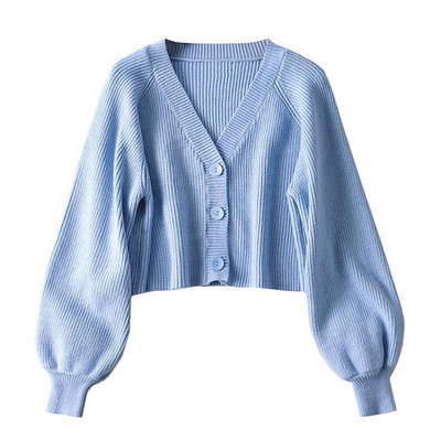 Cardigan femei stil coreean pur cu mâneci lanternă toamnă largi, minimalist, decolteu în V, confortabil, la un singur piept, modă noua