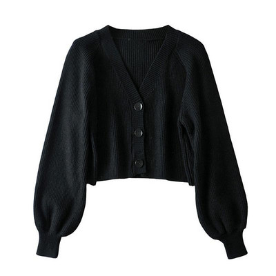 Cardigan femei stil coreean pur cu mâneci lanternă toamnă largi, minimalist, decolteu în V, confortabil, la un singur piept, modă noua