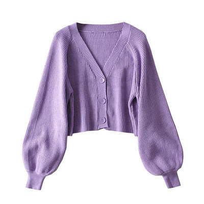 Cardigan femei stil coreean pur cu mâneci lanternă toamnă largi, minimalist, decolteu în V, confortabil, la un singur piept, modă noua