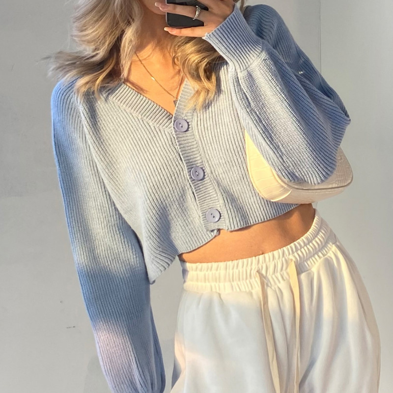 Cardigan femei stil coreean pur cu mâneci lanternă toamnă largi, minimalist, decolteu în V, confortabil, la un singur piept, modă noua