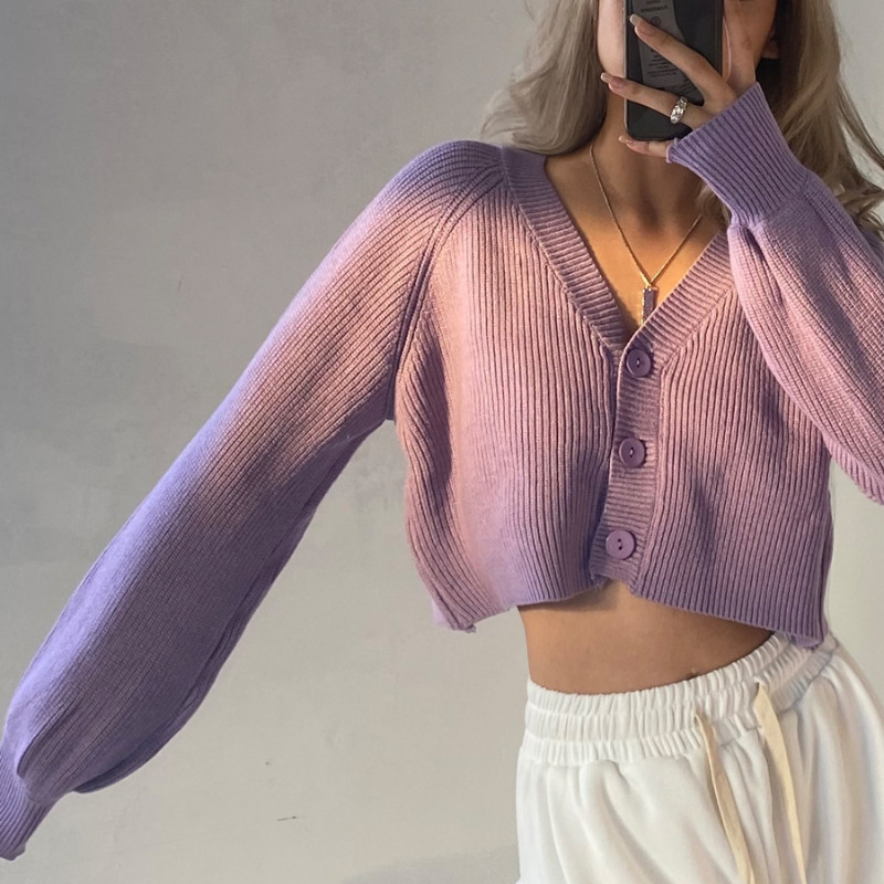 Cardigan femei stil coreean pur cu mâneci lanternă toamnă largi, minimalist, decolteu în V, confortabil, la un singur piept, modă noua