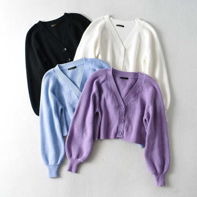 Cardigan femei stil coreean pur cu mâneci lanternă toamnă largi, minimalist, decolteu în V, confortabil, la un singur piept, modă noua