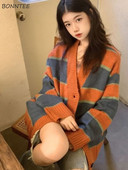 Ženski kardigan na pruge, vintage korejski stil, trendi pletenina, univerzalna, elegantna studentska odjeća s V-izrezom, slatka odjeća za proljeće i jesen