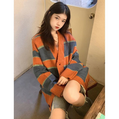 Ženski kardigan na pruge, vintage korejski stil, trendi pletenina, univerzalna, elegantna studentska odjeća s V-izrezom, slatka odjeća za proljeće i jesen