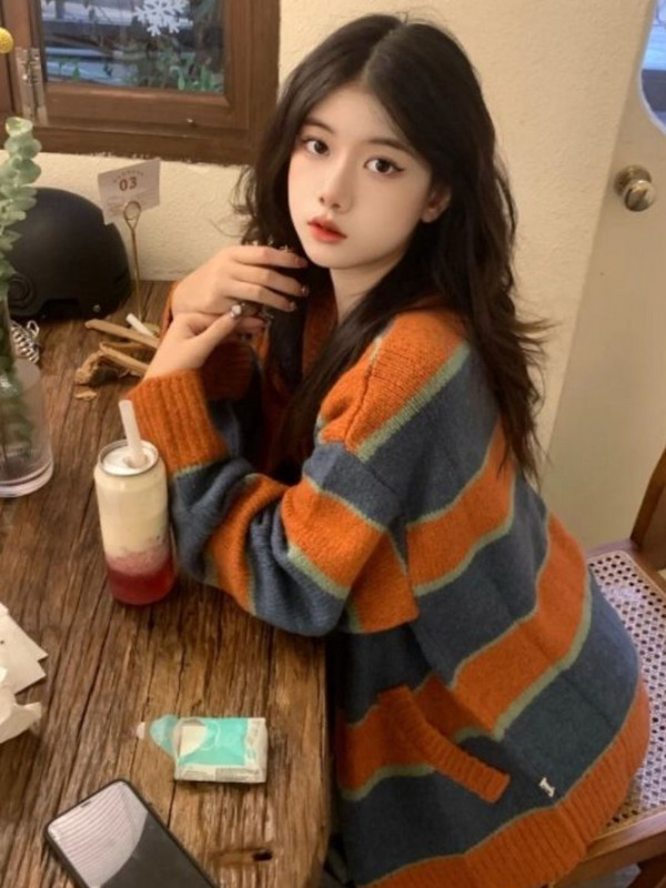 Ženski kardigan na pruge, vintage korejski stil, trendi pletenina, univerzalna, elegantna studentska odjeća s V-izrezom, slatka odjeća za proljeće i jesen