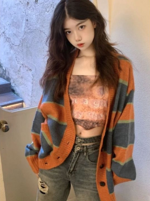 Ženski kardigan na pruge, vintage korejski stil, trendi pletenina, univerzalna, elegantna studentska odjeća s V-izrezom, slatka odjeća za proljeće i jesen